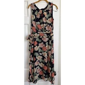 R&K Floral Midi Dress Navy Coral Sleeveless Belted Chiffon 1P102J Womens 8‎ NEW